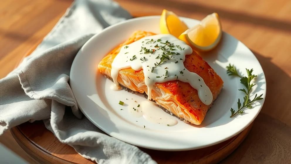 Lax i ugn med crème fraiche täcke